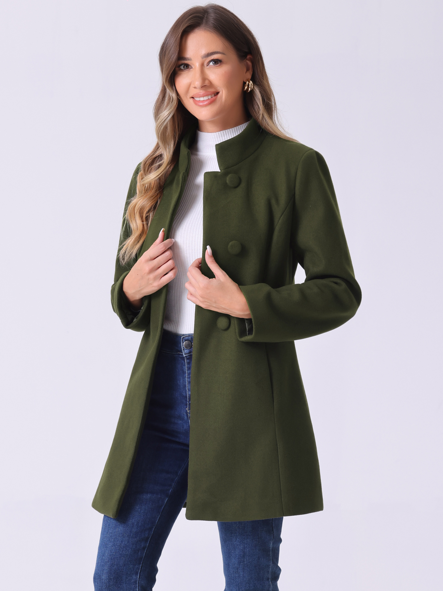 Mid-thigh Stand Collar Single Breasted Long Coat Army Green/XL - Allegra K catalog