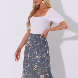 Floral Ruffle Elastic High Waist Button Flowy Split Midi Skirt Grey Blue/L - Allegra K catalog