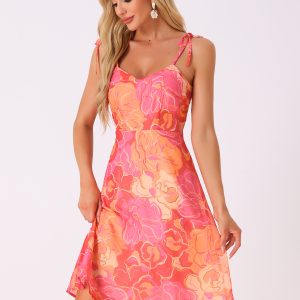 Spaghetti Strap Dress A-Line Smocked Beach Summer Floral Sundress Hot Pink/M - Allegra K catalog