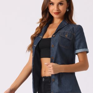 Button Up Collared Short Sleeve Pocket Classic Denim Shirt Deep Blue/S - Allegra K catalog