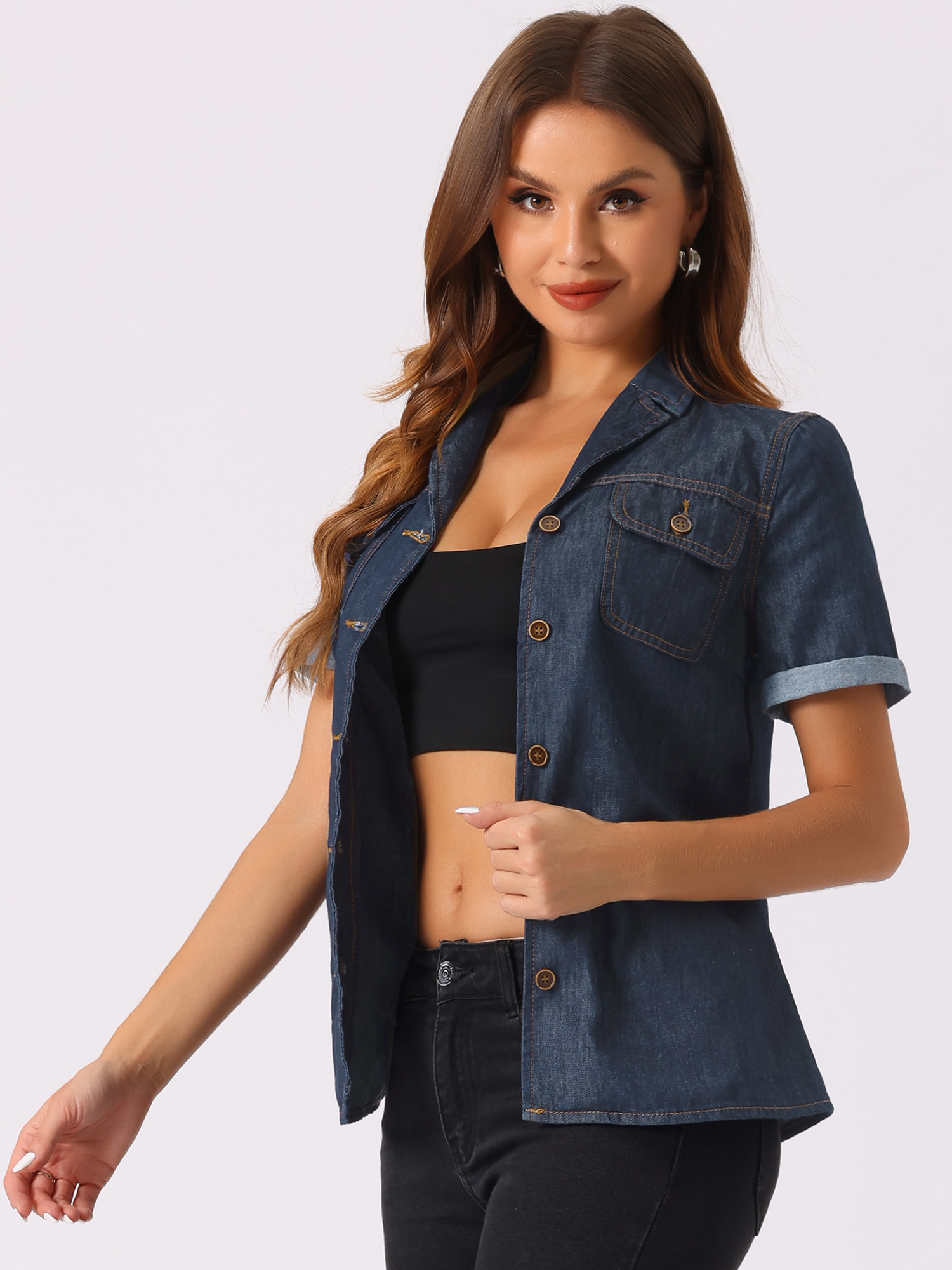 Button Up Collared Short Sleeve Pocket Classic Denim Shirt Deep Blue/L - Allegra K catalog