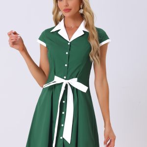 Retro Button Down Flat Collar Belted Office Mini Shirt Dress Dark Green/S - Allegra K catalog