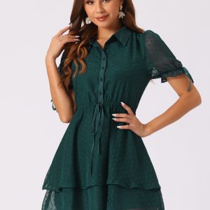 Peter Pan Collar Floral Drawstring Chiffon Layered Dress Dark Green/M - Allegra K catalog