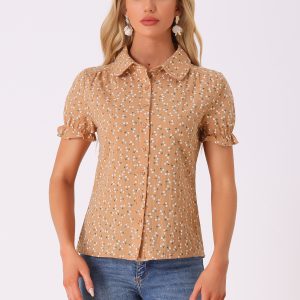 Floral Printed Peter Pan Collar Cotton Short Sleeve Shirt Light Orange/L - Allegra K catalog