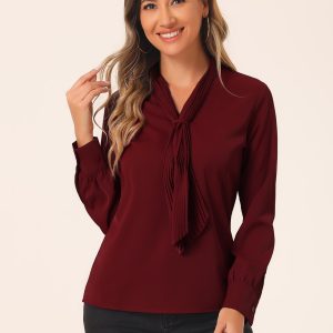 Long Sleeve Chiffon Pleated Tie Neck Office Blouse Dark Red/XS - Allegra K catalog