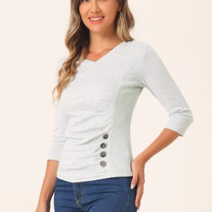 3/4 Sleeve Solid Knitted Button Decor Ruched Blouse Light Gray/M - Allegra K catalog