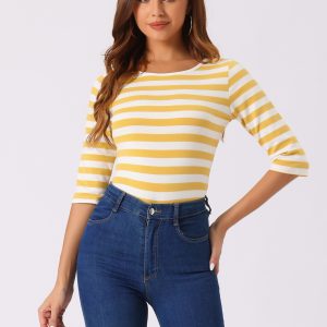 3/4 Sleeve Round Neck Casual Striped T-Shirt Yellow White/L - Allegra K catalog