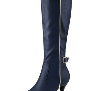 Pointy Toe Buckle Stiletto Heel Knee High Boots Navy Blue/11 - Allegra K catalog