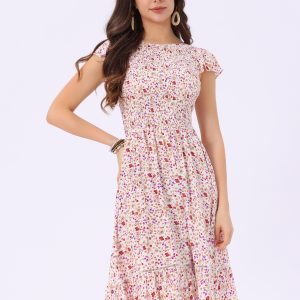 Midi Smocked Cap Short Sleeve Floral Fit and Flare Dress White/M - Allegra K catalog