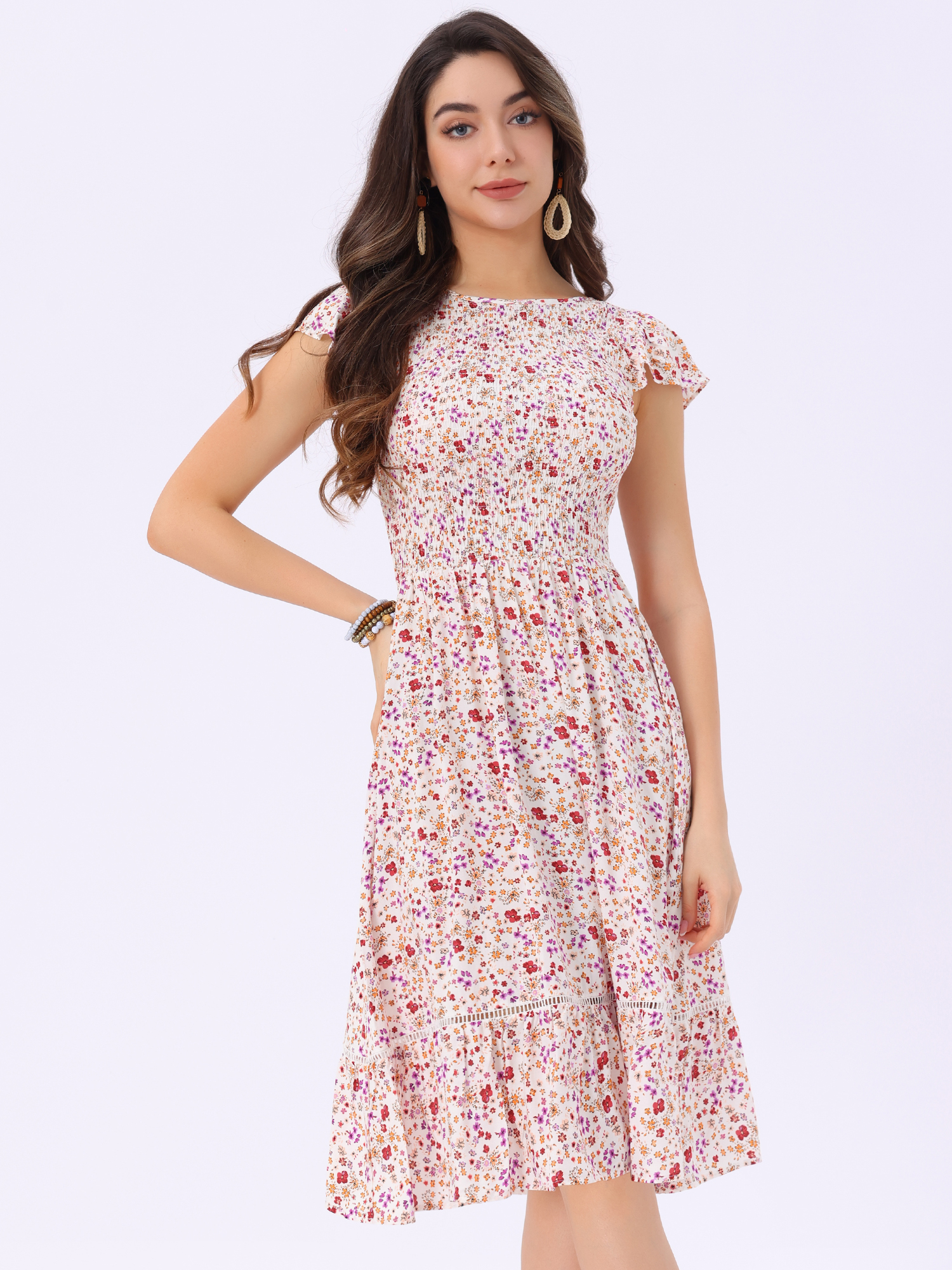 Midi Smocked Cap Short Sleeve Floral Fit and Flare Dress White/M - Allegra K catalog