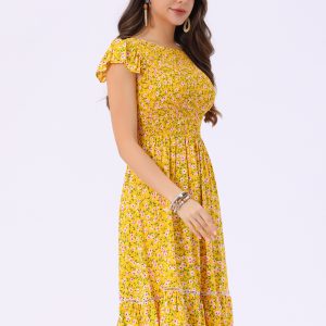 Midi Smocked Cap Short Sleeve Floral Fit and Flare Dress Yellow/S - Allegra K catalog
