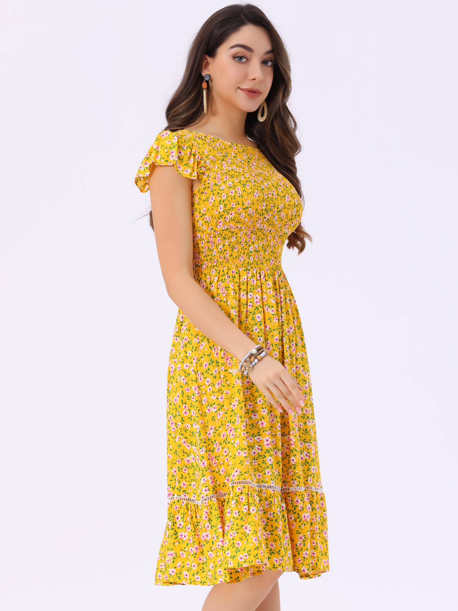 Midi Smocked Cap Short Sleeve Floral Fit and Flare Dress Yellow/M - Allegra K catalog