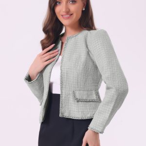 Plaid Tweed Long Sleeve Open Front Work Office Cropped Jacket Blazer Grey/L - Allegra K catalog
