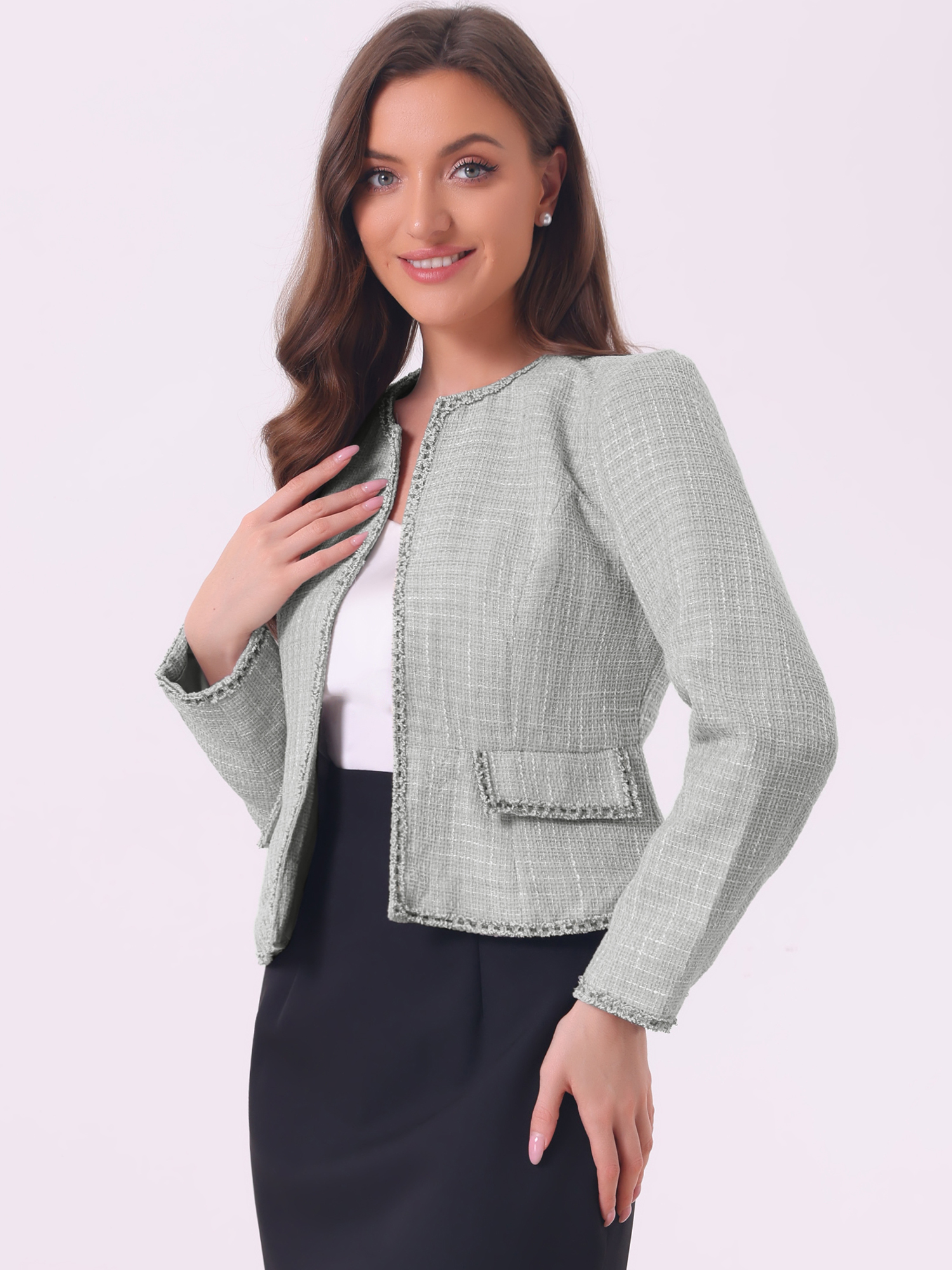 Plaid Tweed Long Sleeve Open Front Work Office Cropped Jacket Blazer Grey/L - Allegra K catalog