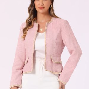 Plaid Tweed Long Sleeve Open Front Work Office Cropped Jacket Blazer Light Pink/S - Allegra K catalog