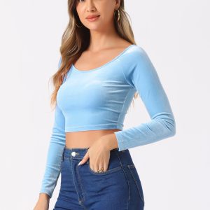 Velvet Long Sleeve Off Shoulder Solid Crop Top Light Blue/L - Allegra K catalog