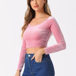Velvet Long Sleeve Off Shoulder Solid Crop Top Pink/XL - Allegra K catalog