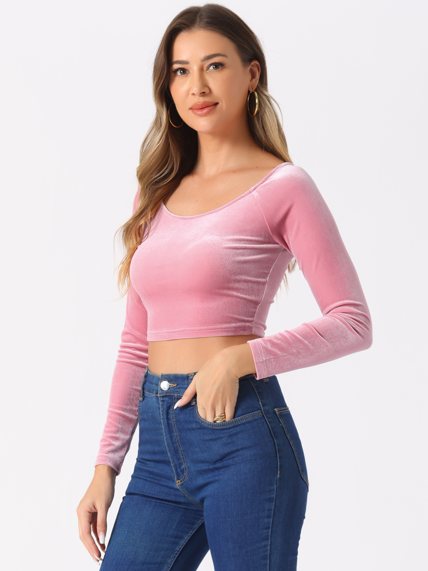 Velvet Long Sleeve Off Shoulder Solid Crop Top Pink/XL - Allegra K catalog