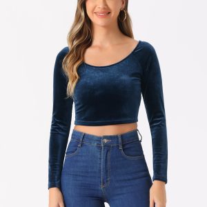 Velvet Long Sleeve Off Shoulder Solid Crop Top Dark Blue/XS - Allegra K catalog