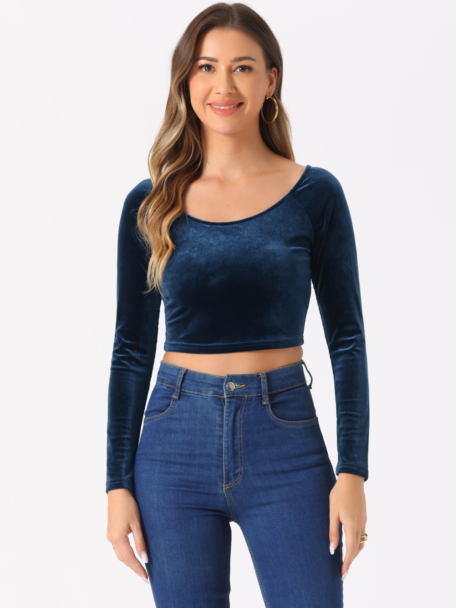 Velvet Long Sleeve Off Shoulder Solid Crop Top Dark Blue/XS - Allegra K catalog