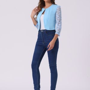 3/4 Sleeve Floral Lace Open Front Office Bolero Shrug Light Blue/XS - Allegra K catalog