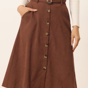 High Waist Button Front Belted Corduroy A-Line Midi Skirt Dark Brown/3XL - Allegra K catalog