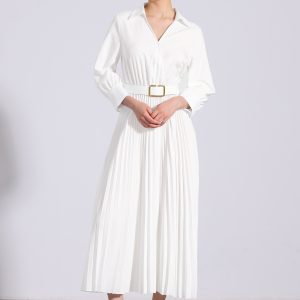 Collar V Neck Belted Dressy Casual Pleated Maxi Dress White/S - Allegra K catalog