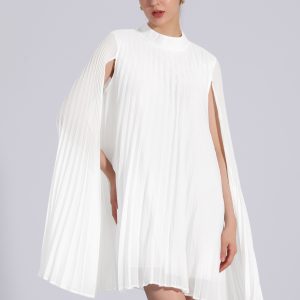 Loose Flowy Cloak Sleeve Cape Pleated Chiffon Mini Dress White/M - Allegra K catalog