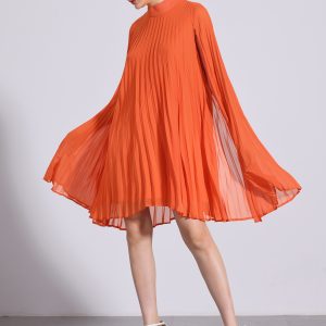 Loose Flowy Cloak Sleeve Cape Pleated Chiffon Mini Dress Orange/3XL - Allegra K catalog