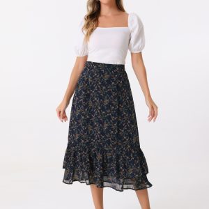 Chiffon Printed Elastic Waist Ruffle Tiered Flowy Midi Skirt Dark Blue Orange-Floral/XS - Allegra K catalog