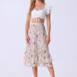 Chiffon Printed Elastic Waist Ruffle Tiered Flowy Midi Skirt Light Pink-Floral/XL - Allegra K catalog