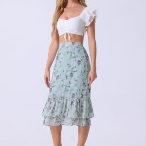 Chiffon Printed Elastic Waist Ruffle Tiered Flowy Midi Skirt Blue Purple-Floral/XS - Allegra K catalog