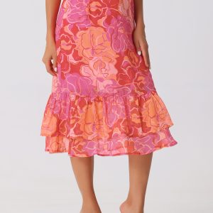 Chiffon Printed Elastic Waist Ruffle Tiered Flowy Midi Skirt Hot Pink-Floral/L - Allegra K catalog