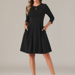 3/4 Sleeve Pleated Keyhole Pockets A-Line Above Knee Dress Black/XL - Allegra K catalog