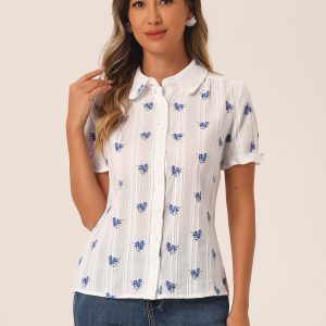 Floral Printed Peter Pan Collar Cotton Short Sleeve Shirt White Blue/S - Allegra K catalog