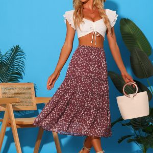 Ruffle Boho Chiffon Floral Printed Long Tiered Midi Skirt Brown/2XL - Allegra K catalog