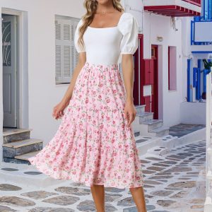 Ruffle Boho Chiffon Floral Printed Long Tiered Midi Skirt Pink Rose/3XL - Allegra K catalog