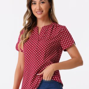 Polka Dots Print V Neck Short Sleeve Elegant Work Office Tops Red-1/L - Allegra K catalog