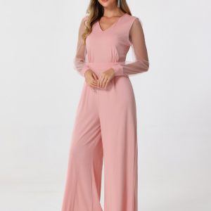 Elegant V Neck Mesh Long Sleeve Loose Wide Leg Jumpsuits Pink/S - Allegra K catalog