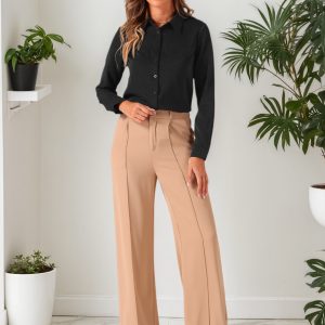 Contrast Collar Shirt Chiffon Long Sleeve Work Office Blouse Solid Black/M - Allegra K catalog