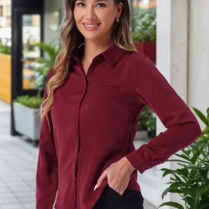 Contrast Collar Shirt Chiffon Long Sleeve Work Office Blouse Solid Wine Red/M - Allegra K catalog