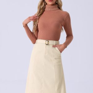 High Waist Elastic Back A-Line Belted Corduroy Pockets Midi Skirt Beige/L - Allegra K catalog