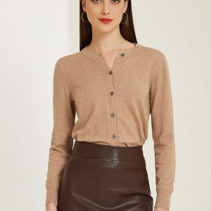 Lightweight Sweater Crew Neck Button Down Long Sleeve Cardigan Camel/S - Allegra K catalog