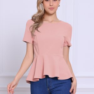 Short Sleeve Round Neck Solid Color Peplum Blouse Pink/L - Allegra K catalog