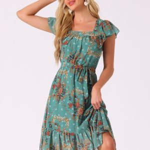 Floral Chiffon Flutter Sleeve Belted Square Neck Ruffled Hem Dress Dark Green/L - Allegra K catalog