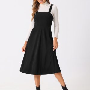 Corduroy Pockets A-Line Sleeveless Casual Midi Pinafore Dress Black/M - Allegra K catalog