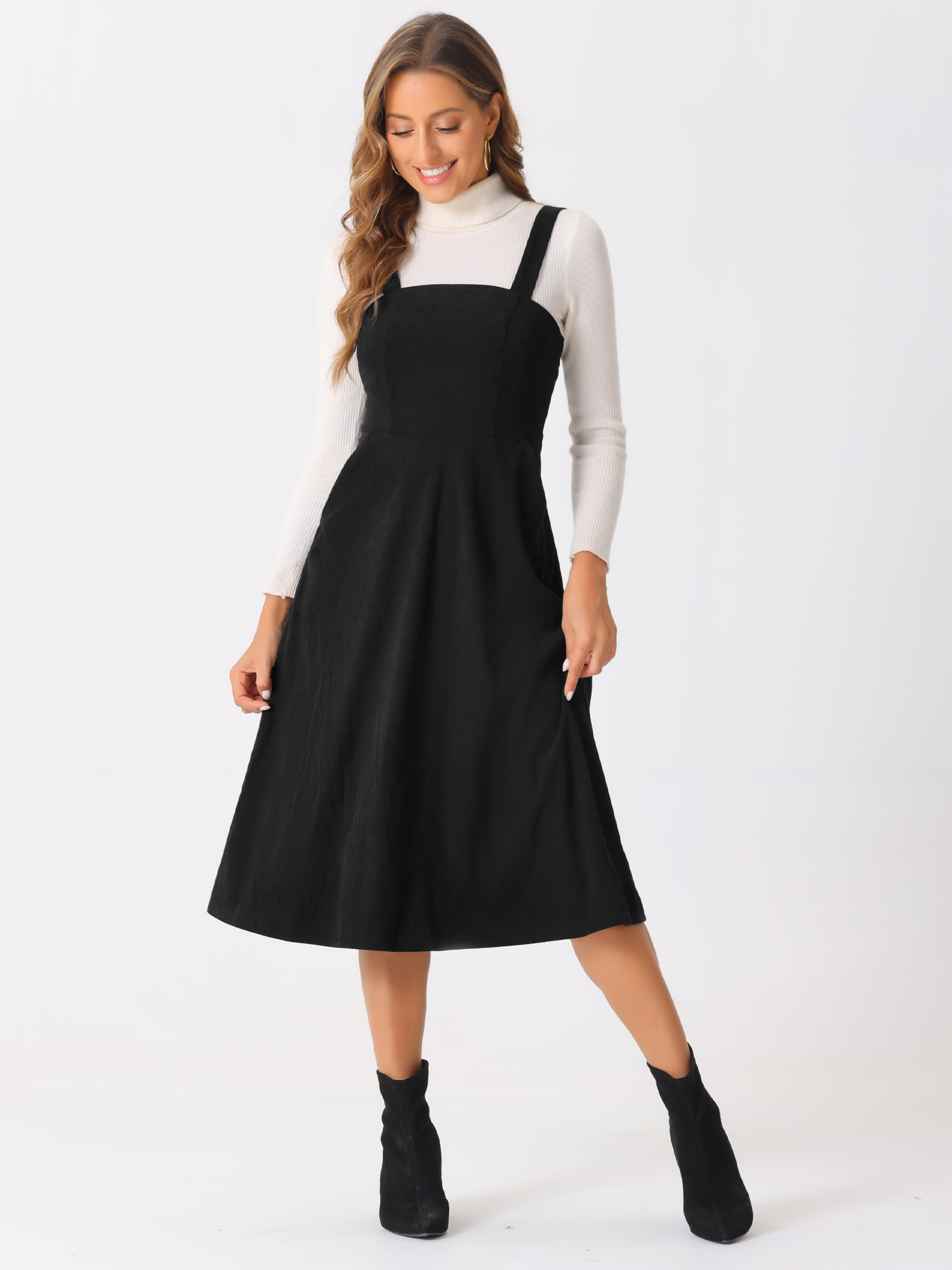 Corduroy Pockets A-Line Sleeveless Casual Midi Pinafore Dress Black/M - Allegra K catalog