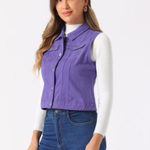 Flap Pocket Washed Buttoned Denim Jacket Vest Purple/XL - Allegra K catalog