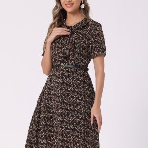 Peter Pan Collar Tie Neck Short Sleeve A-Line Belted Floral Dress Brown/L - Allegra K catalog