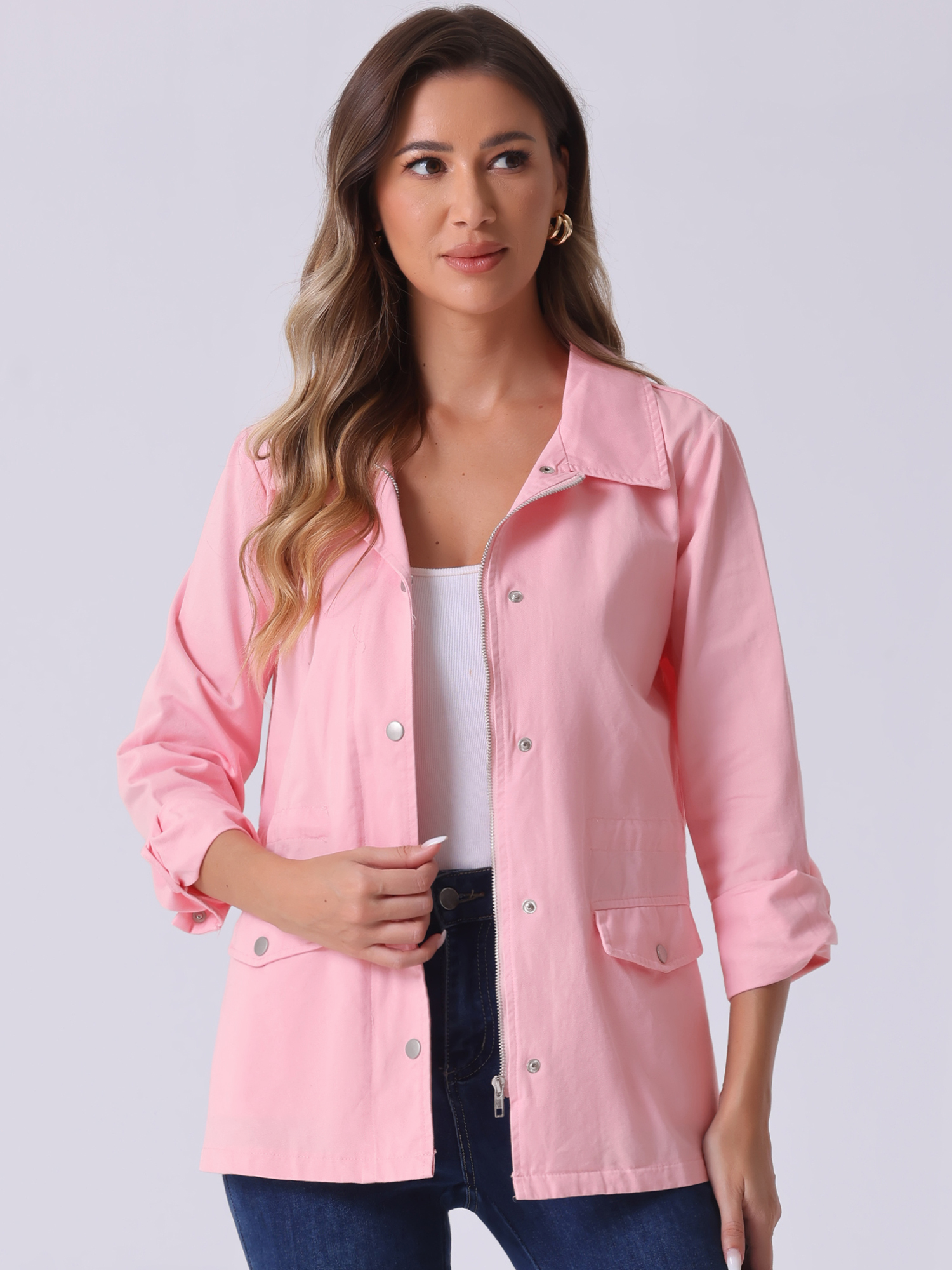 Drawstring Waist Flap Pocket Lightweight Utility Safari Jacket Pink/XS - Allegra K catalog